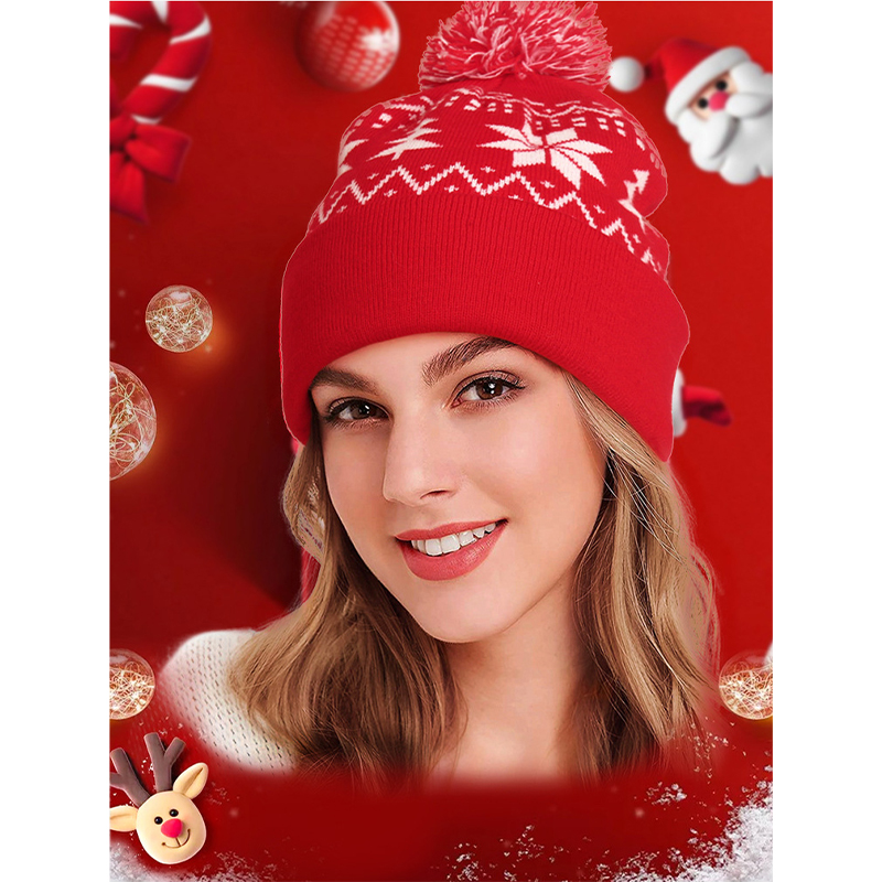 Winter Warm Pullover Knitted Hat Jacquard Christmas Hat With Pompom