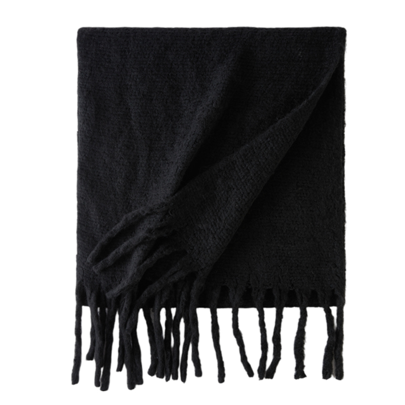 Black Solid Color Thick Tassel Scarf