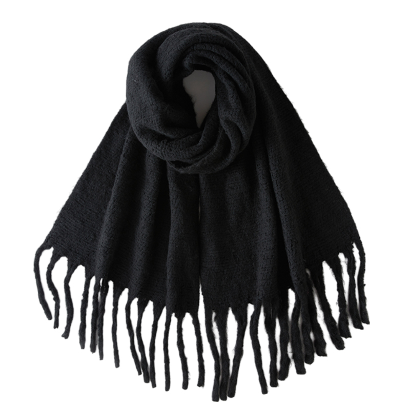 Black Solid Color Thick Tassel Scarf